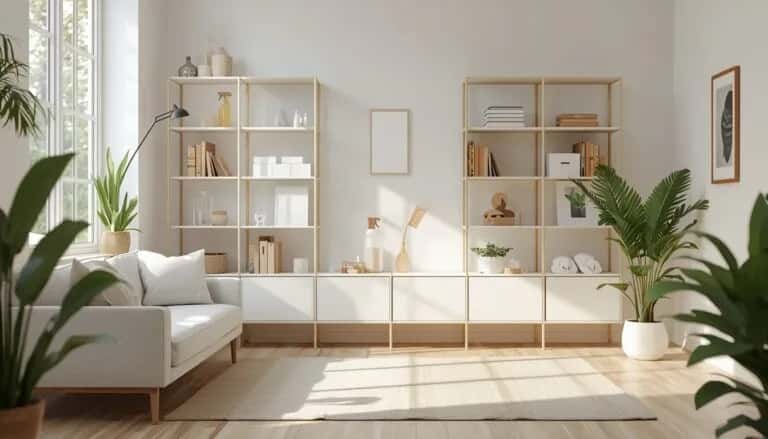 A modern home interior showing practical storage solutions, organized shelves, and decluttered spaces. Include baskets, boxes, and minimal decorative items. The scene should feel bright, tidy, and functional, emphasizing simple organization and cleaning ideas for everyday living. Soft natural lighting, realistic style, cozy and inviting atmosphere.