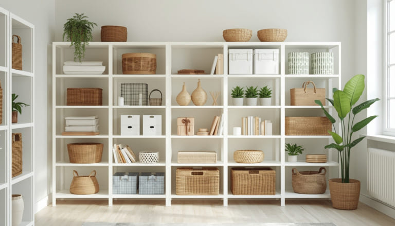  A bright and tidy home interior, showing an organized living room with neatly arranged shelves, minimal clutter, and cleaning tools subtly placed. The scene should feel calm, peaceful, and productive, emphasizing how organization and cleaning create a stress-free and harmonious daily life. Soft natural light, cozy atmosphere, realistic style.
