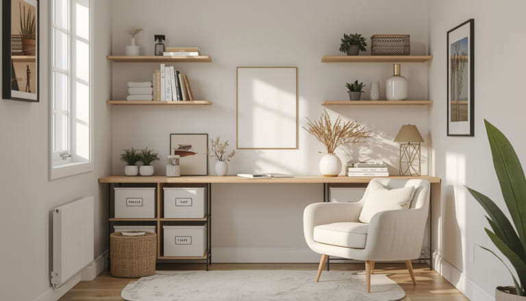 A cozy and inviting home corner showing a small organized workspace with tidy shelves, labeled storage boxes, and a comfortable chair. Include subtle cleaning supplies and minimal decorative items. The scene should feel productive, calm, and welcoming, emphasizing organization and cleaning ideas for home exploration and practical inspiration. Soft natural lighting, realistic style, warm atmosphere.