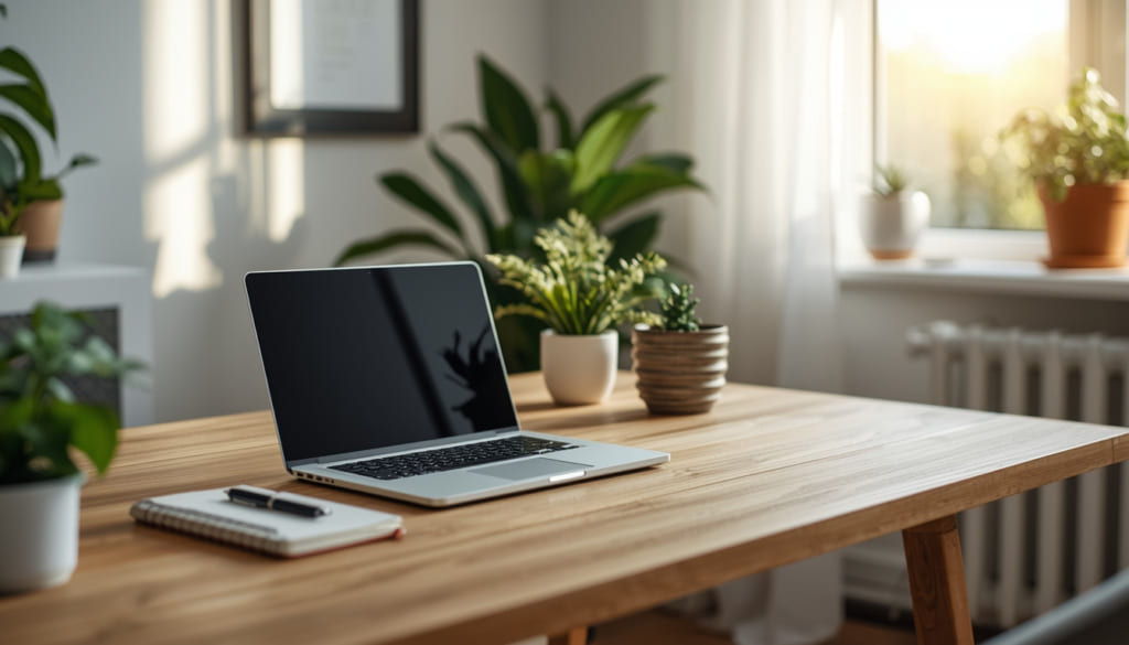 Cozy Green Home office setup with laptop, plants, and organized desk, representing practical home improvement tips and a welcoming workspace