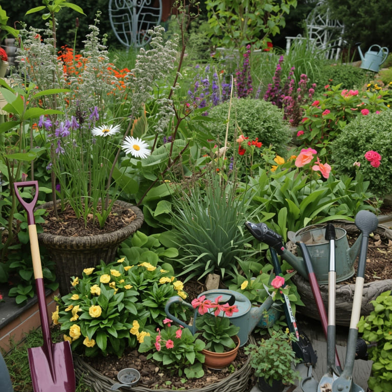 Home Depot gardening tools in a vibrant garden with colorful plants and well-maintained outdoor space, showcasing the perfect tools for every gardener.