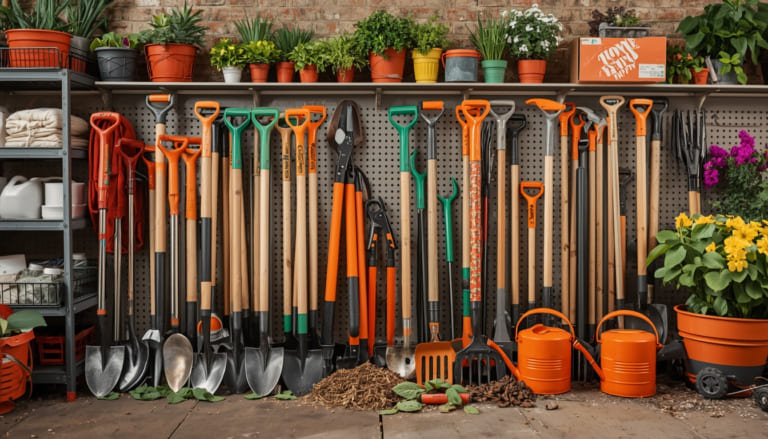 Home Depot gardening tools displayed alongside vibrant plants, showcasing a variety of high-quality gardening supplies for every gardener's needs.