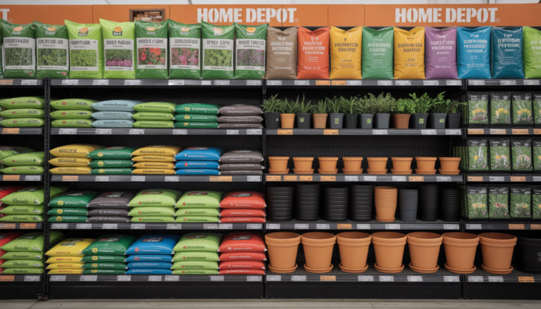 Essential gardening supplies at Home Depot, including soil, fertilizers, and plant pots neatly displayed on shelves, showcasing a variety of products for garden care.