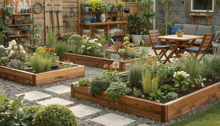 Dream garden built with Home Depot products, featuring raised garden beds, decorative plants, and garden furniture in a well-organized outdoor space.