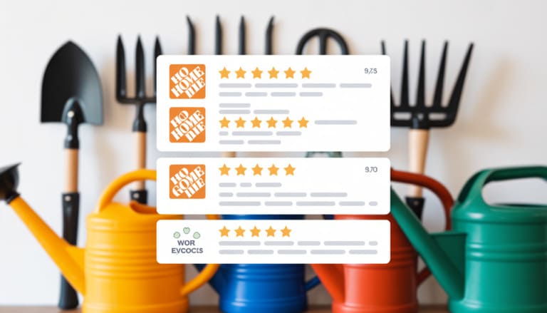 Positive customer reviews and high ratings for Home Depot gardening tools, with tools like shovels, pruners, and watering cans in the background.